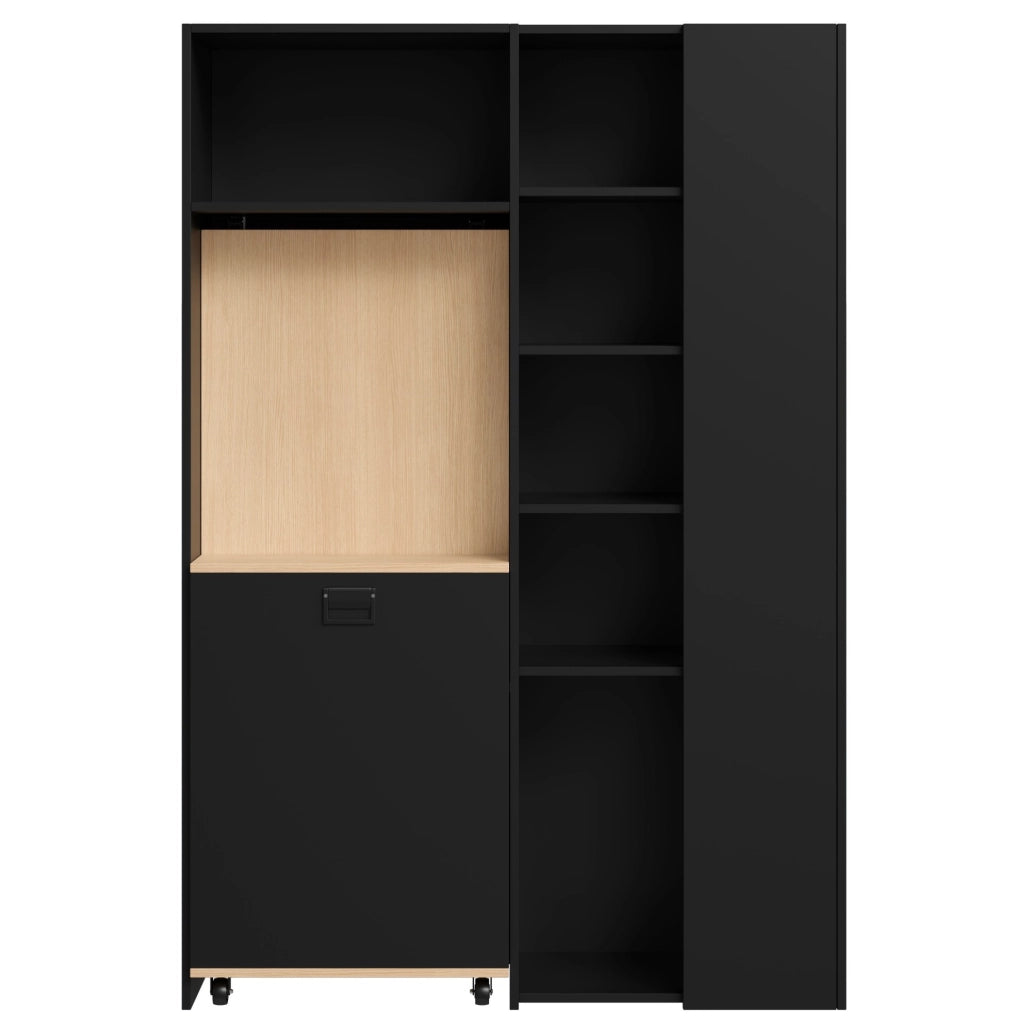 Scrivania pieghevole con libreria 104;5x30;5x160 cm in MDF nero e rovere; con presa EU e USB