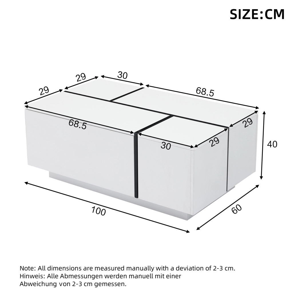 Tavolino da caffè 100x60x40 cm con 4 cassetti in truciolare bianco e nero