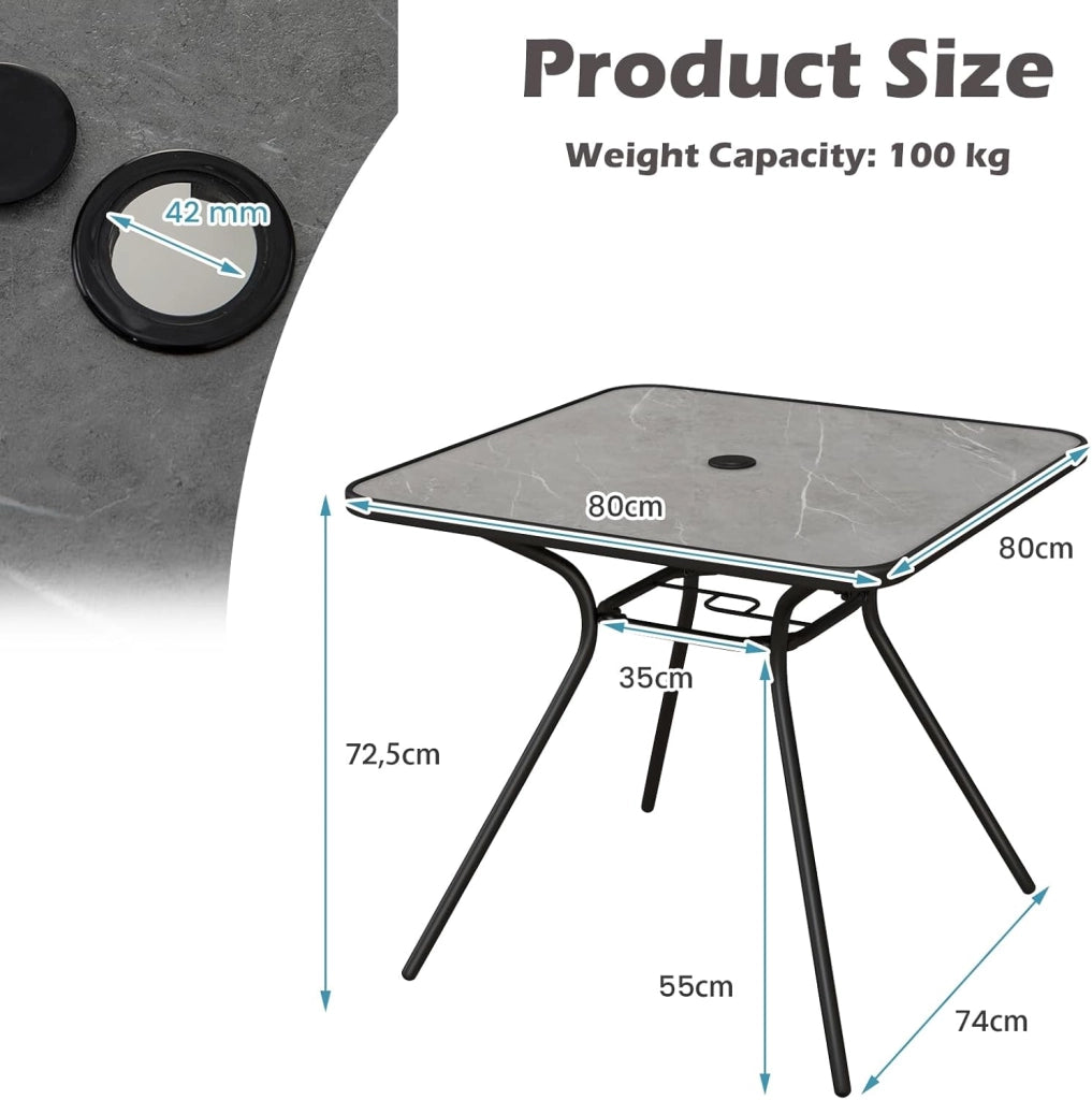 Tavolino con foro per ombrellone, tavolo da giardino 80 x 80 cm, per 4 persone, tavolo da balcone con piano in marmo artificiale, tavolo da bistrot fino a 100 kg, tavolo da pranzo per