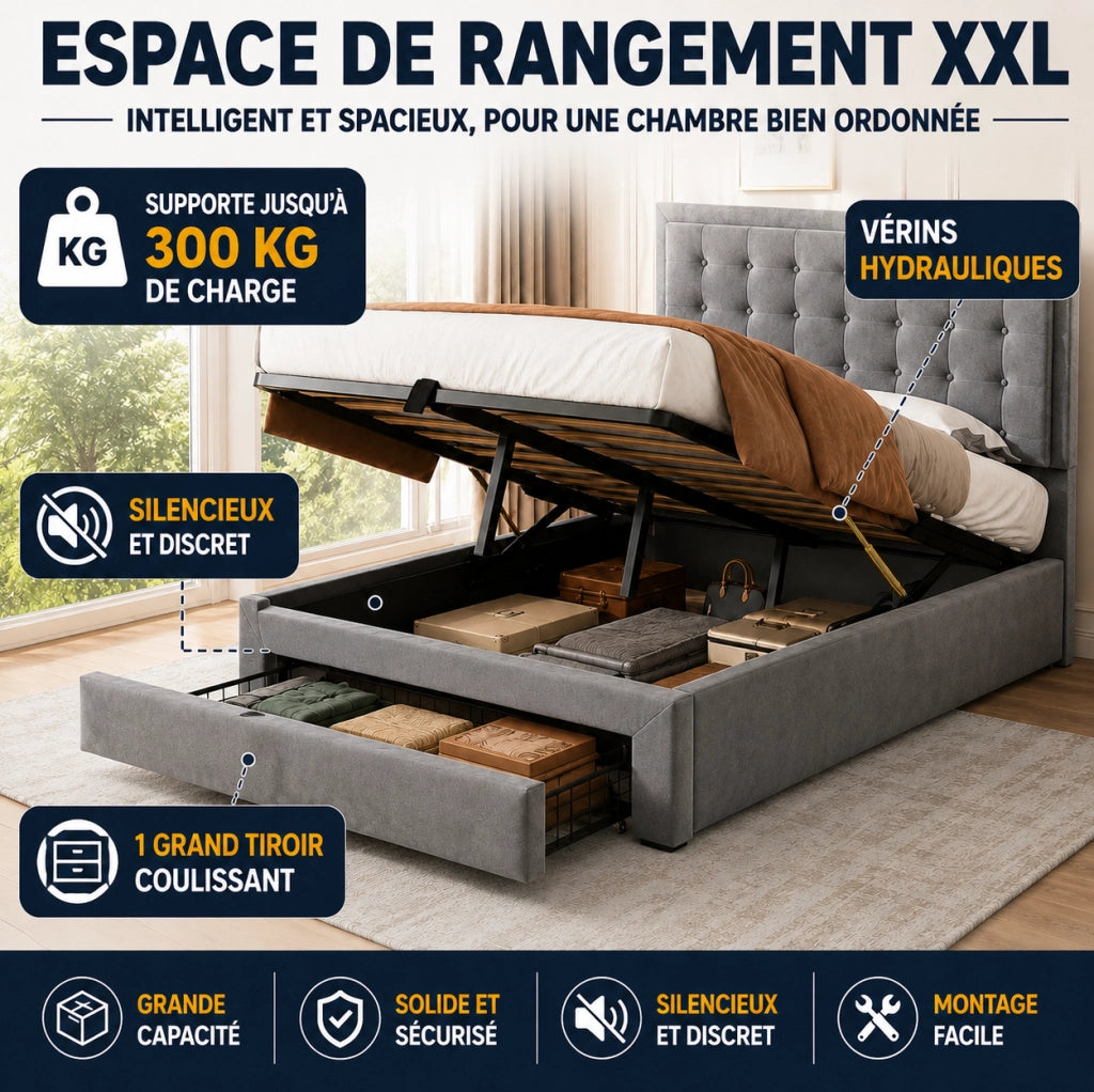 Letto imbottito contenitore in velluto con cassetti; 180x200 cm; grigio