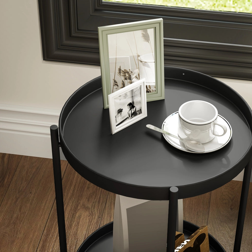 TAVOLINO ROTONDO 44x44x56 cm in acciaio nero con 2 ripiani