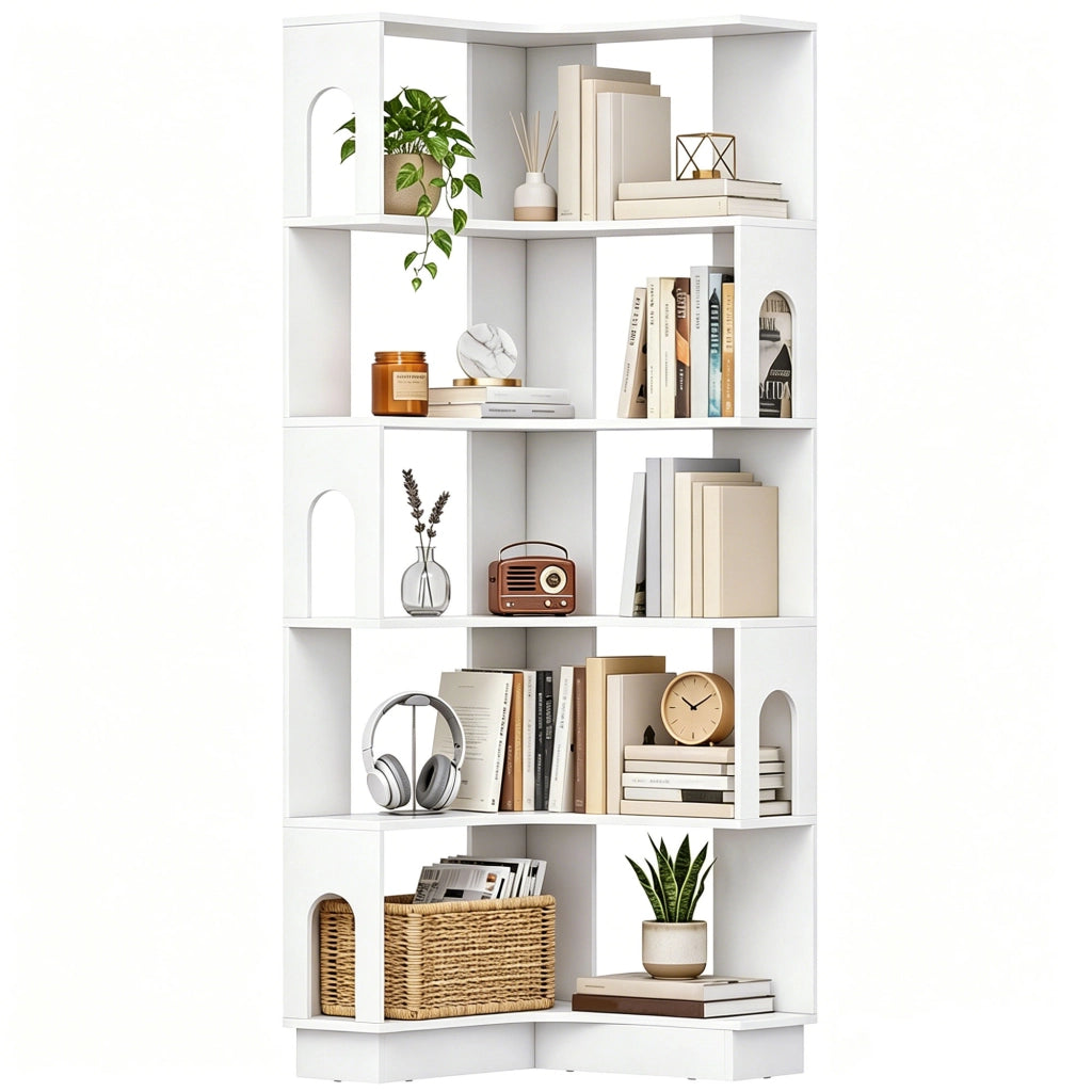 Libreria angolare a 6 ripiani con pannelli laterali arcuati ¨C Xylo ¨C Bianco 60x60x165,5 cm