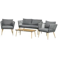 Set da Giardino in Rattan Sintetico da 4 Posti con 1 Divano, 2 Poltrone e 1 Tavolino, 7 Cuscini Inclusi, Grigio
