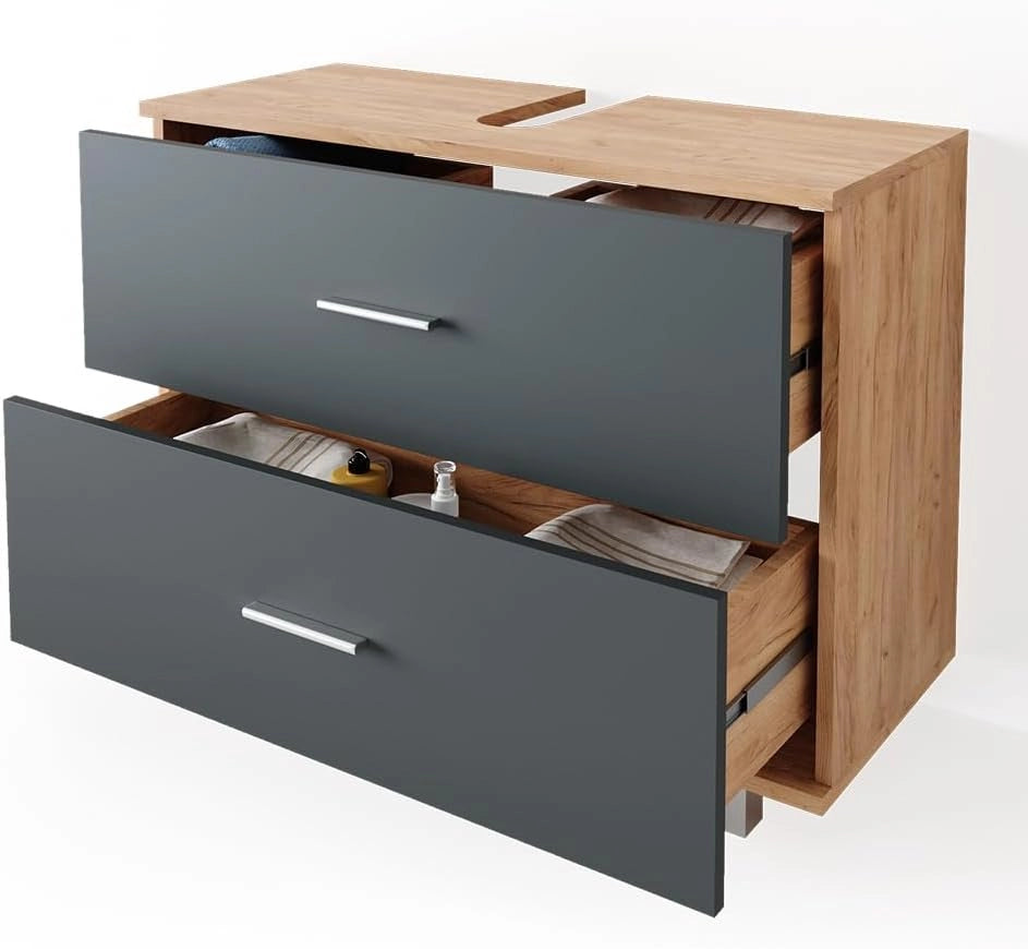 Mobile sottolavabo per bagno Ilias, Antracite/quercia dorata, 80 x 60.8 cm, con ritaglio per sifone e aperture di ventilazione laterali