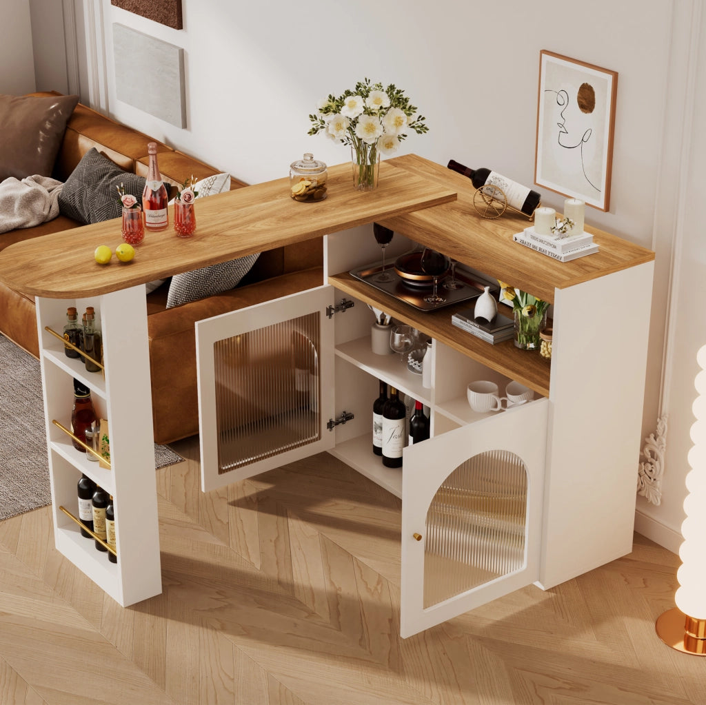 Tavolo bar 138-193x39x105 cm girevole e allungabile con contenitore e luce LED bianco