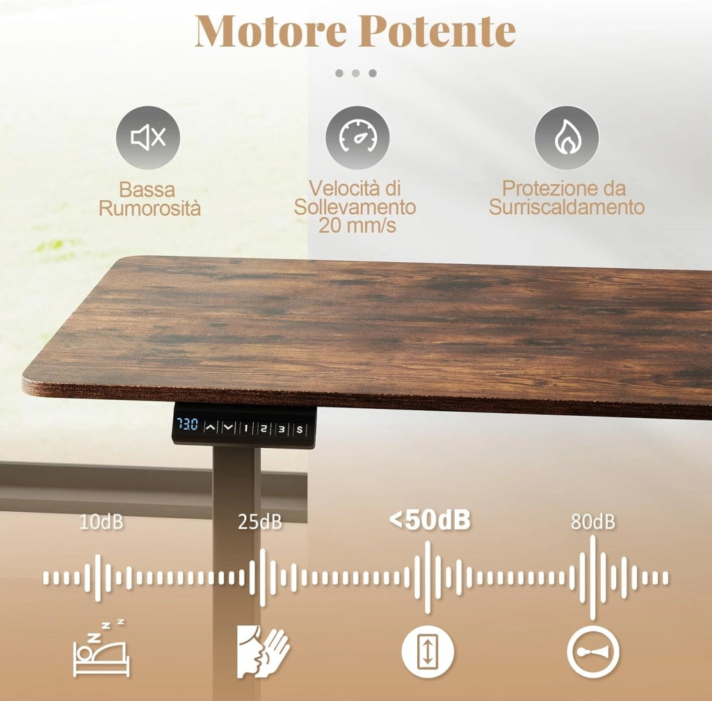 Scrivania Elettrica Ergonomica 120 x 60 cm, 3 Memorie di Altezza, Protezione Anti-Collisione e Gancio per Cuffie, Scrivania Regolabile in Altezza per Ufficio e Casa (Marrone)