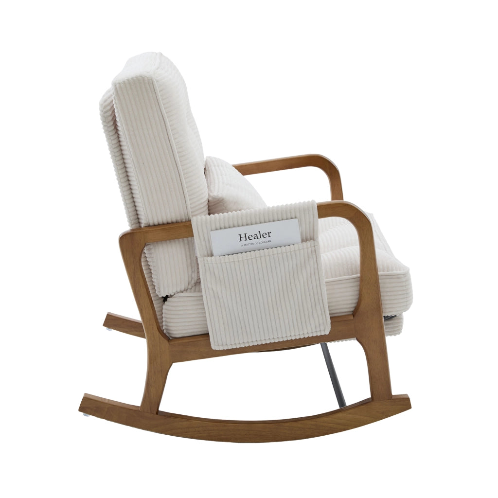 Poltrona a dondolo con poggiapiedi, tasca laterale, cuscino lombare e schienale reclinabile in velluto a coste beige