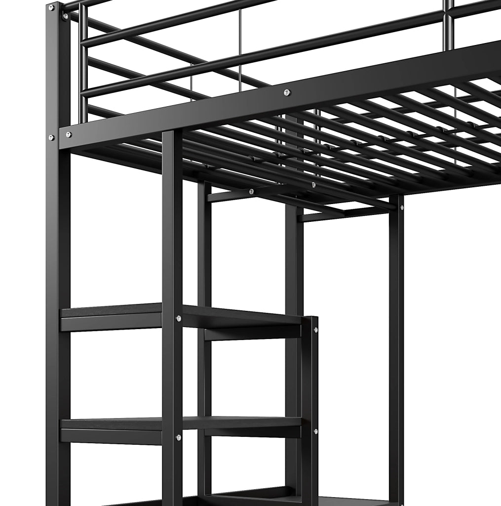 Letto a soppalco ULEVR 90x200 cm con scrivania, presa e USB, ripiani e vano aperto, nero