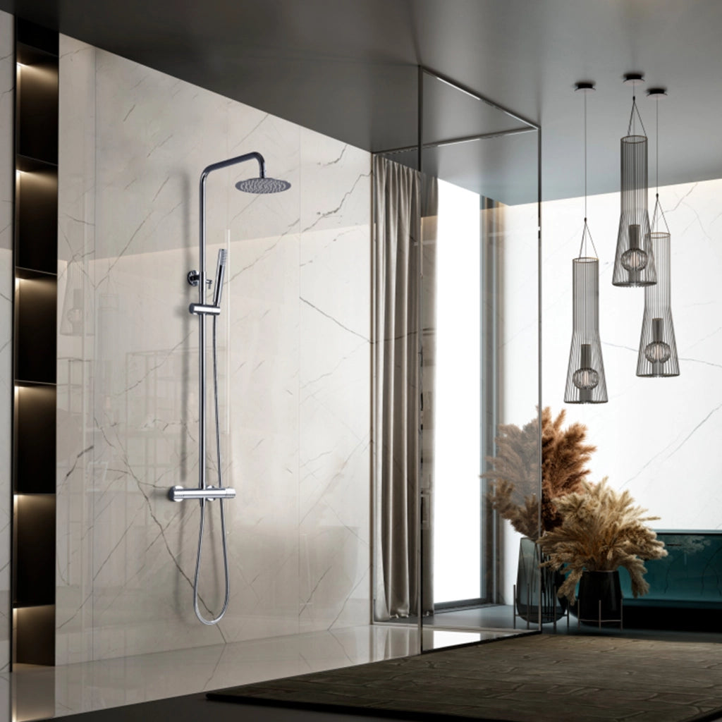 IMEX Set doccia termostatico Genova corpo rubinetto in ottone asta doccia estensibile in acciaio inox cromato soffione extrapiatto Ø20 cm anticalcare cartuccia termostatica autopulente TURN CLEAN