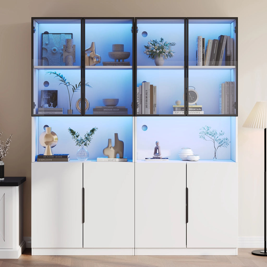 Vetrina con LED e ante in vetro, ripiano regolabile, per soggiorno, 160 × 30 × 200 cm