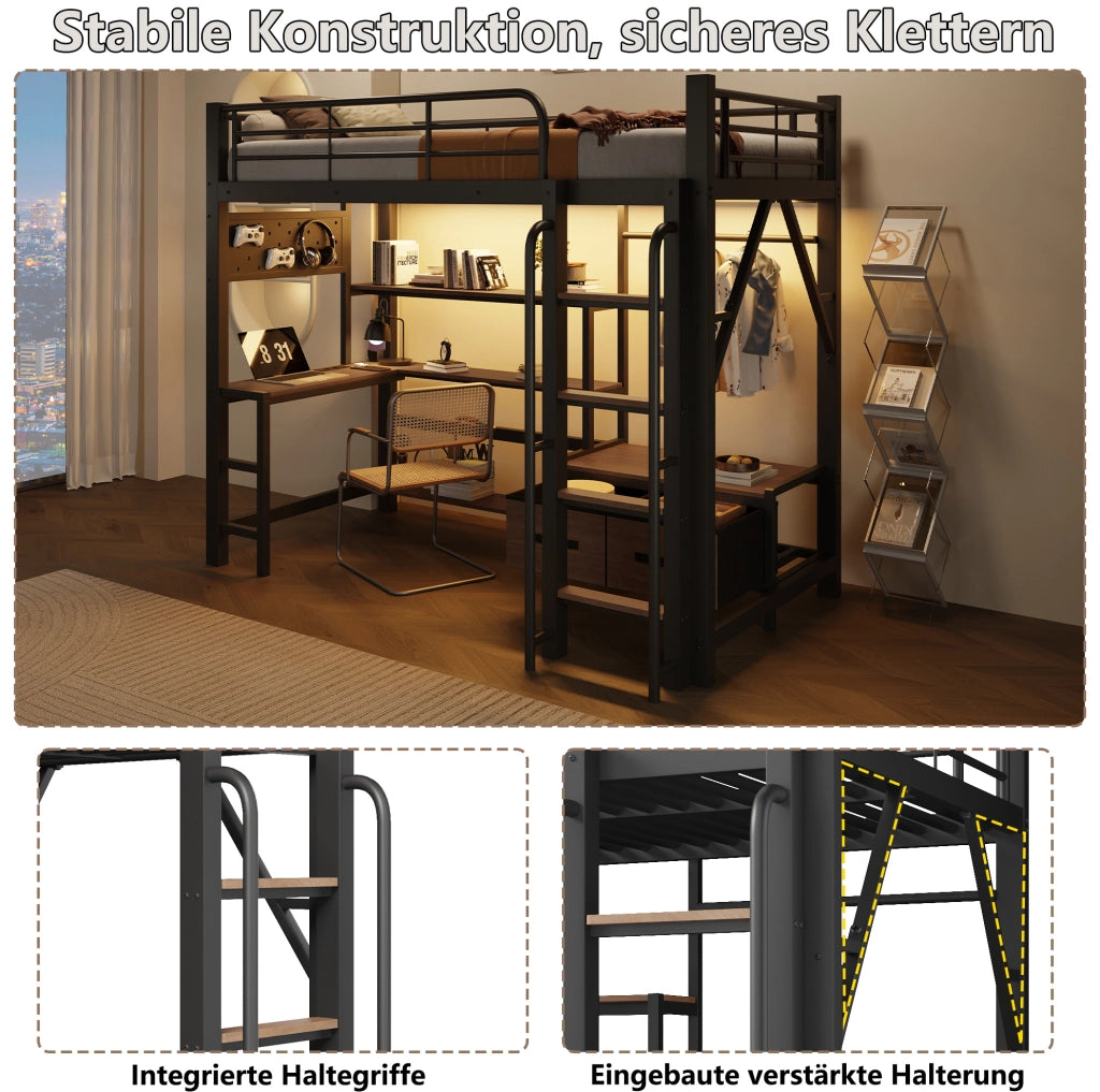 Letto a soppalco 90x200 cm con scrivania; ripiani; LED e USB; nero