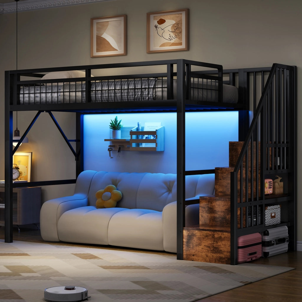 Letto a soppalco in metallo con LED e scala contenitore, 90x200 cm, nero
