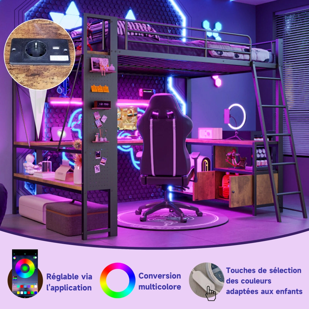 Letto a soppalco singolo 90×200 cm con LED; scrivania; ripiani e USB; senza materasso; metallo; nero