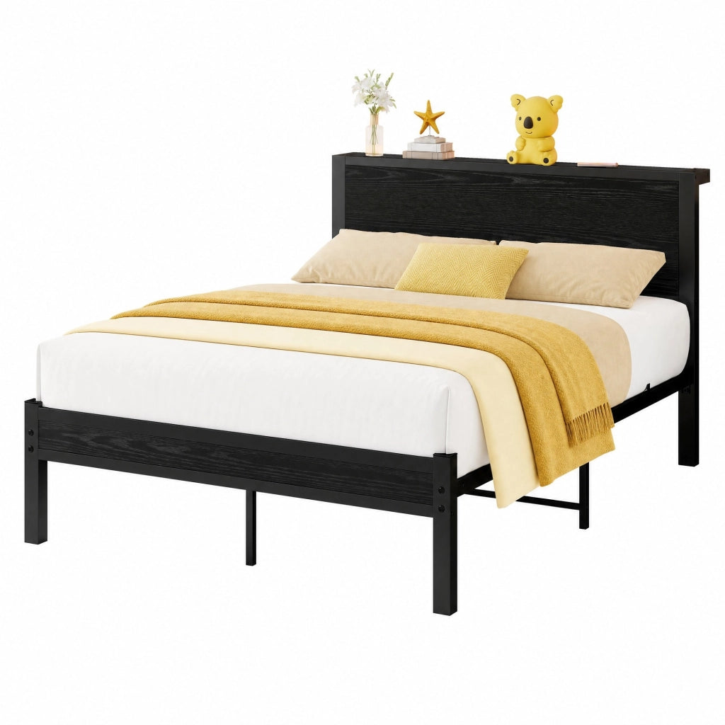 Letto singolo 120x200 cm con struttura in metallo e testiera con spazio contenitore, nero