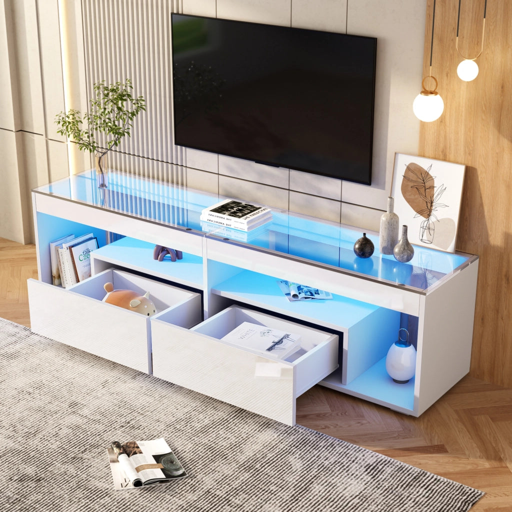 Mobile TV lucido bianco con LED e due cassetti