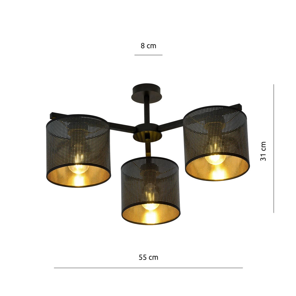 Plafoniera Industrial 3 Luci Cigno In Acciaio Nero E Paralumi A Cilindro Oro