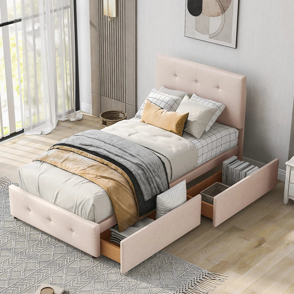 Letto imbottito in velluto con 2 cassetti, 90x200 cm, beige scuro