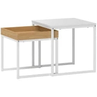 Set di Tavolini da Caffè Impilabili Moderni con Vassoio, 45x45x45 cm, Bianco e Rovere