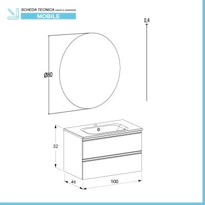 Mobile bagno sospeso 100 cm bianco opaco con lavabo e specchio tondo Master