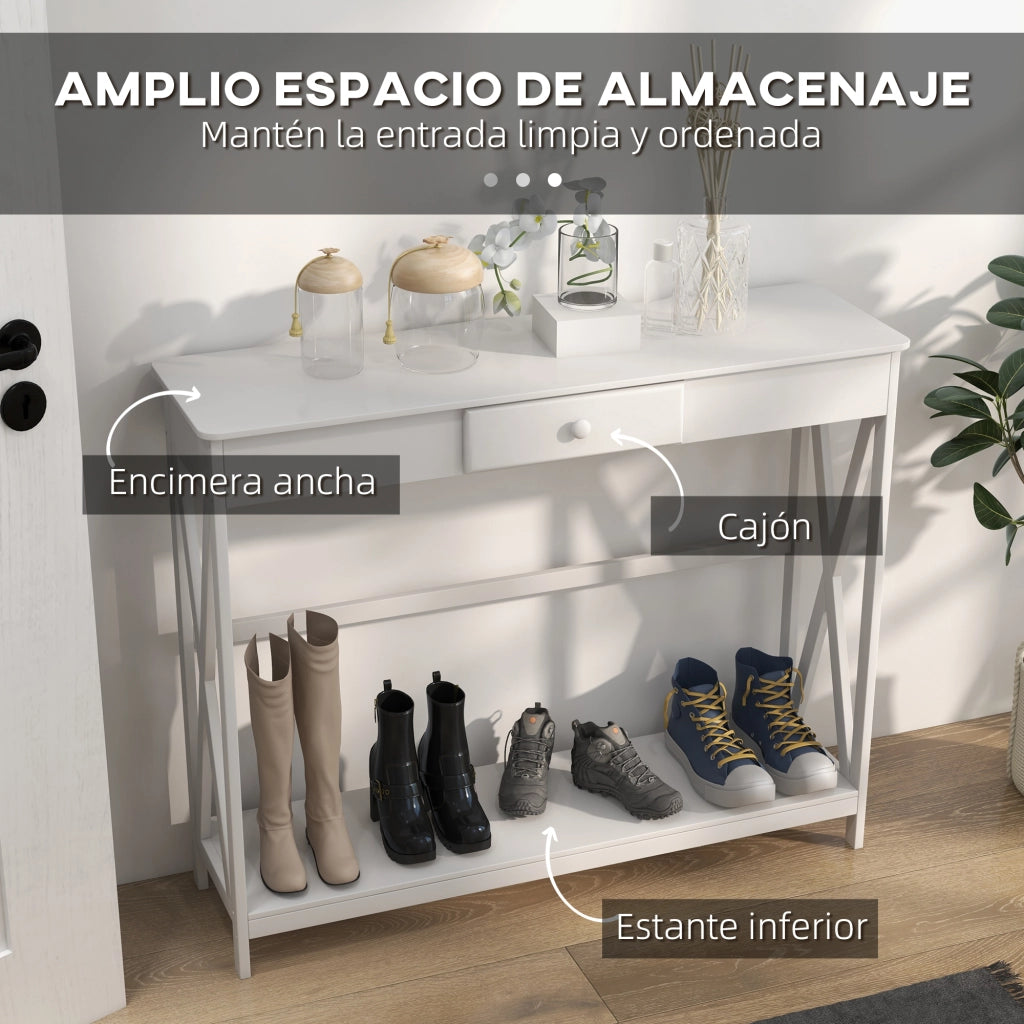 Consolle ingresso legno con cassetto e ripiano salvaspazio ¨C Xylo ¨C bianco 100x30x81cm