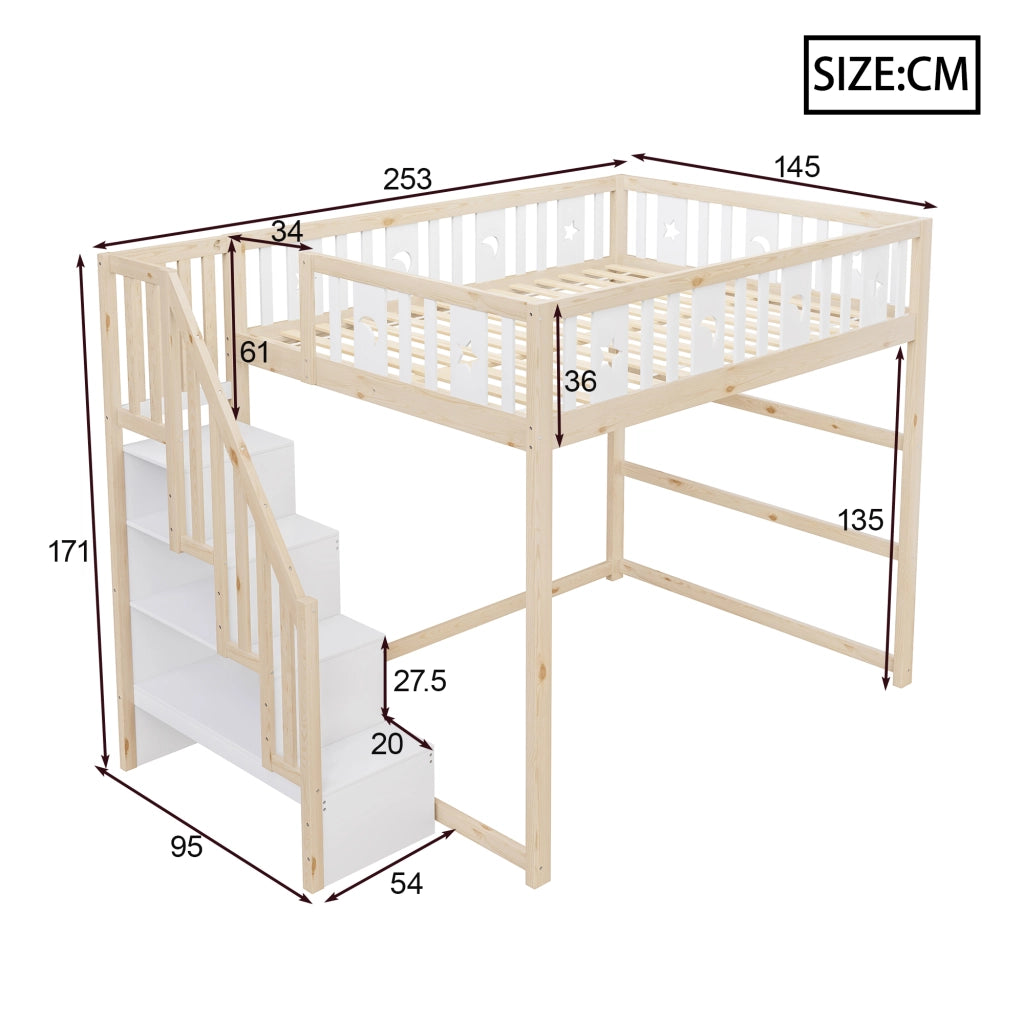 Letto a soppalco per bambini 140 × 200 cm con scala e ripiani, zona divano, senza materasso, legno massiccio bianco naturale