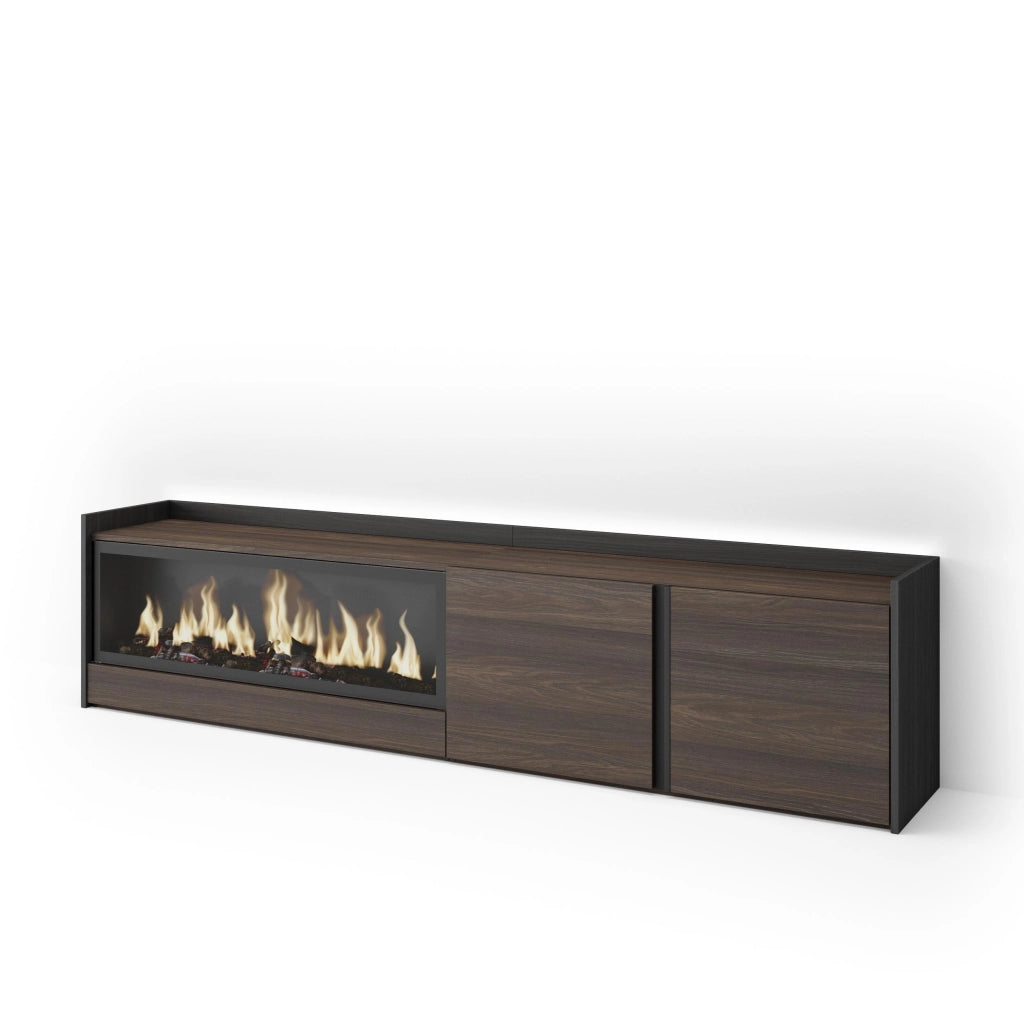 Mobile TV Soggiorno, 212x50x35 cm, Per TV fino a 80", Camino elettrico XXL, LED, Rovere scuro e Nero
