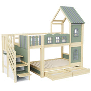 Letto a castello 90×200 cm; 2 posti con scala contenitore; finestre; senza materasso; in legno; verde