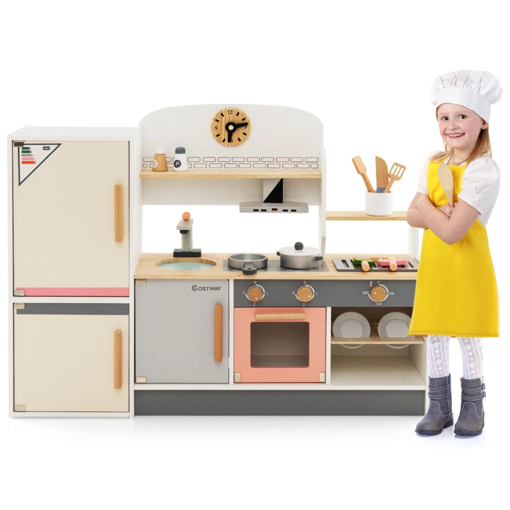 Cucina giocattolo per bambini 3 anni+ con frigorifero, Set da cucina in legno con lavandino e utensili da cucina-Cucine giocattoli