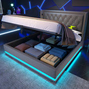 Letto contenitore ULEVR 140x200 cm con LED, USB e Type-C, testiera imbottita in cotone grigio