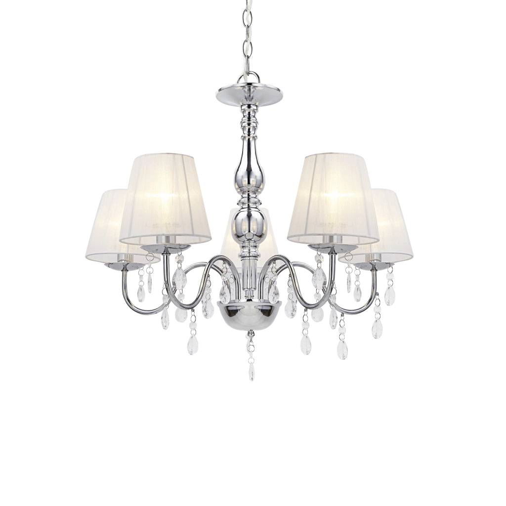 Lampada a Sospensione a 5 Bracci con Paralumi Conici e Cristalli Artificiali - Cromo / Bianco lux.pro