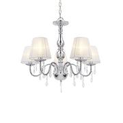 Lampada a Sospensione a 5 Bracci con Paralumi Conici e Cristalli Artificiali - Cromo / Bianco lux.pro