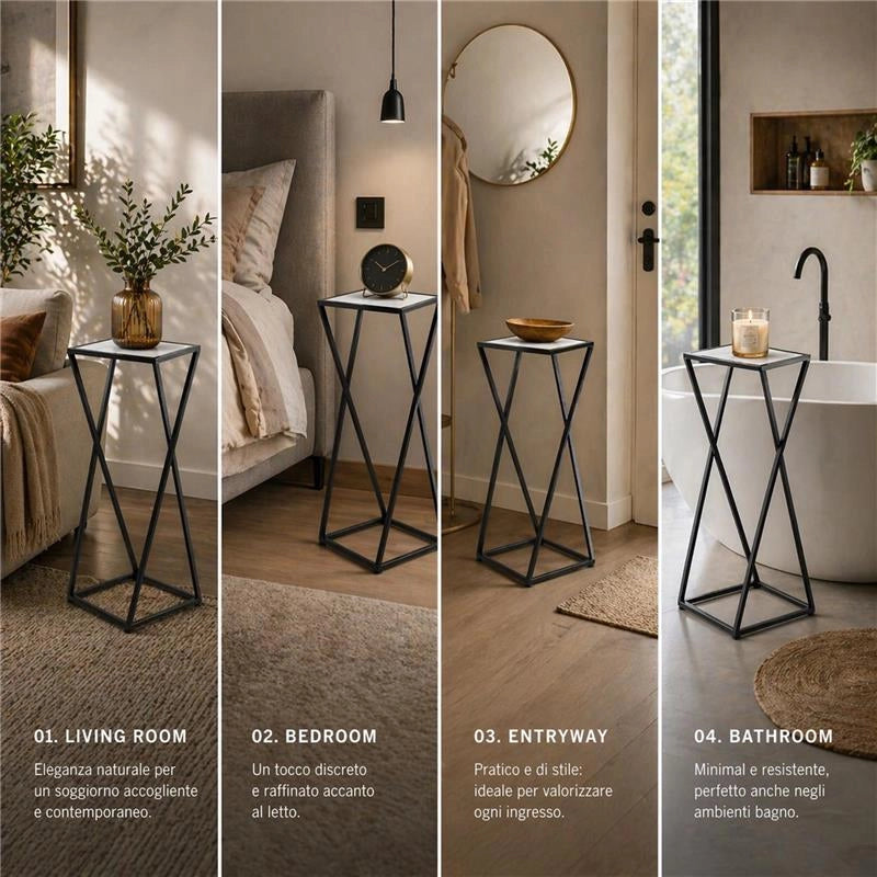 TAVOLINO A COLONNA CON STRUTTURA IN METALLO NERO E TOP IN MDF EFFETTO MARMO BIANCO MISURE: 25X70CM