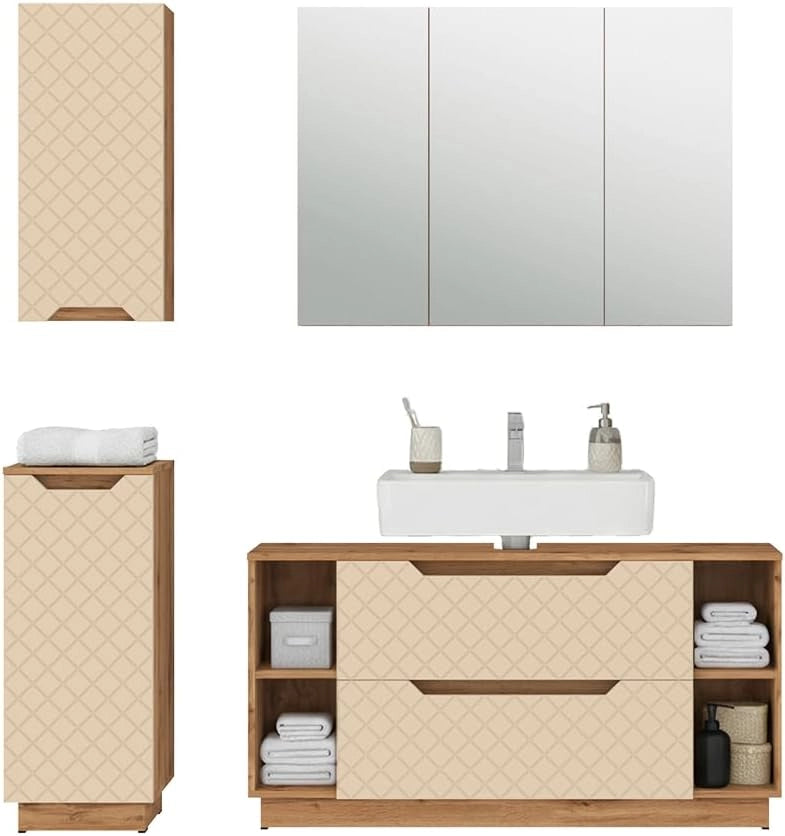 Set di mobili da bagno Lotta, Cachemire, 119.2 cm, composto da mobile sottolavabo, specchiera, armadio medio e pensile