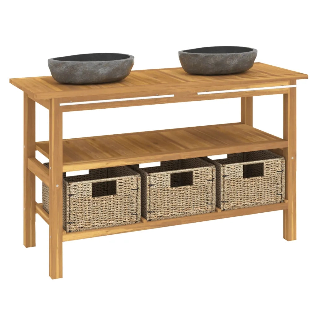 Mobile Vanità Bagno con Lavandini Pietra Fiume Massello di Teak 3096590
