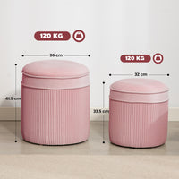 Set 2 Pouf Poggiapiedi Rotondi Impilabili Contenitore da 34.8L Imbottiti con Rivestimento in Velluto Rosa