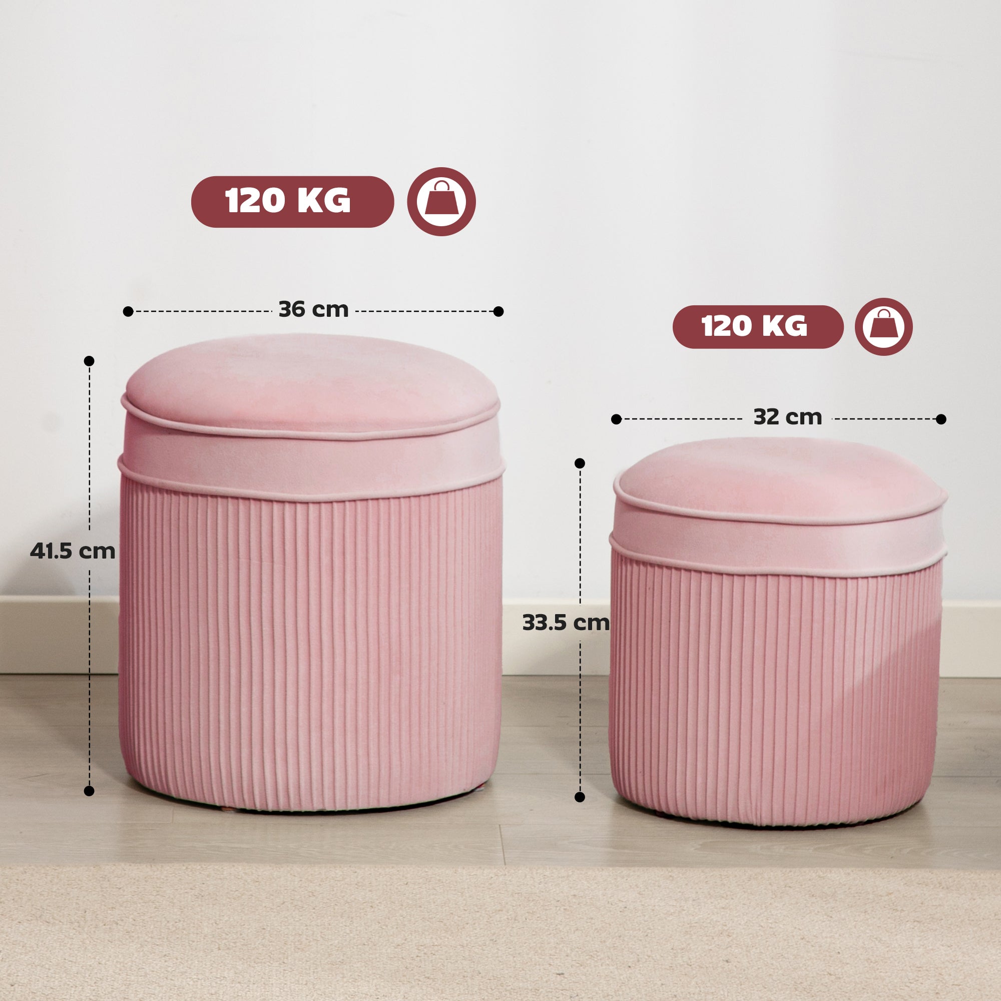 Set 2 Pouf Poggiapiedi Rotondi Impilabili Contenitore da 34.8L Imbottiti con Rivestimento in Velluto Rosa