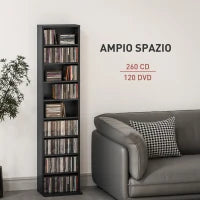 Scaffale Porta CD con 6 Ripiani Regolabili, Capacità di 260 CD/120 DVD, 33x24x140 cm, Nero