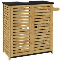 Mobile Sottolavabo Bagno con 2 Ante a Doghe, Porta Asciugamani e Intaglio a U, Legno e Nero