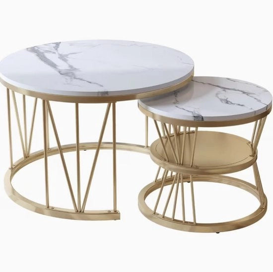 Set di 2 Tavoli da Salotto a Rondi con Struttura in Metallo e Foglia di Marmo – 70x70x45 cm – Set di Tavolo da Soggiorno Moderno