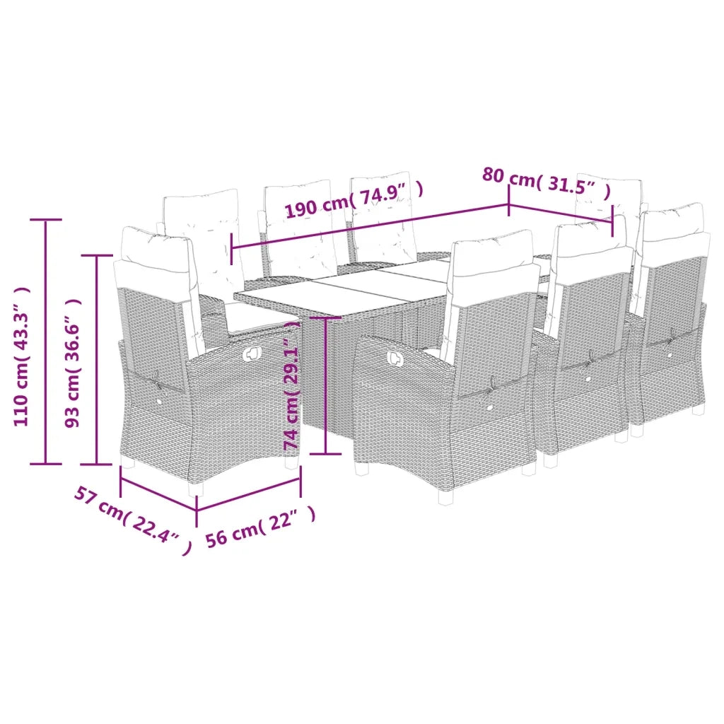 Set Pranzo da Giardino 9pz con Cuscini Grigio Chiaro Polyrattan