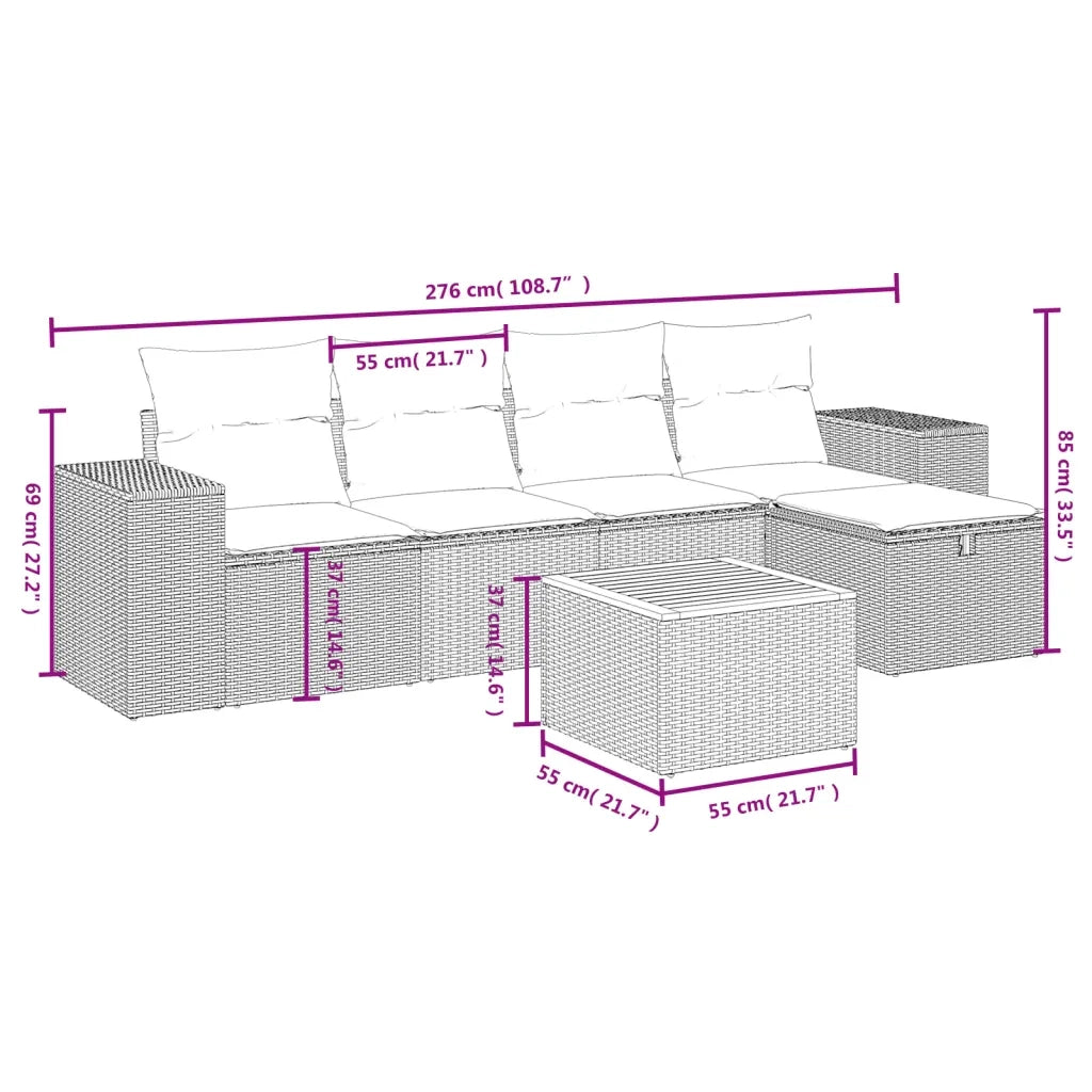 Set Divano da Giardino 6 pz con Cuscini Nero in Polyrattan