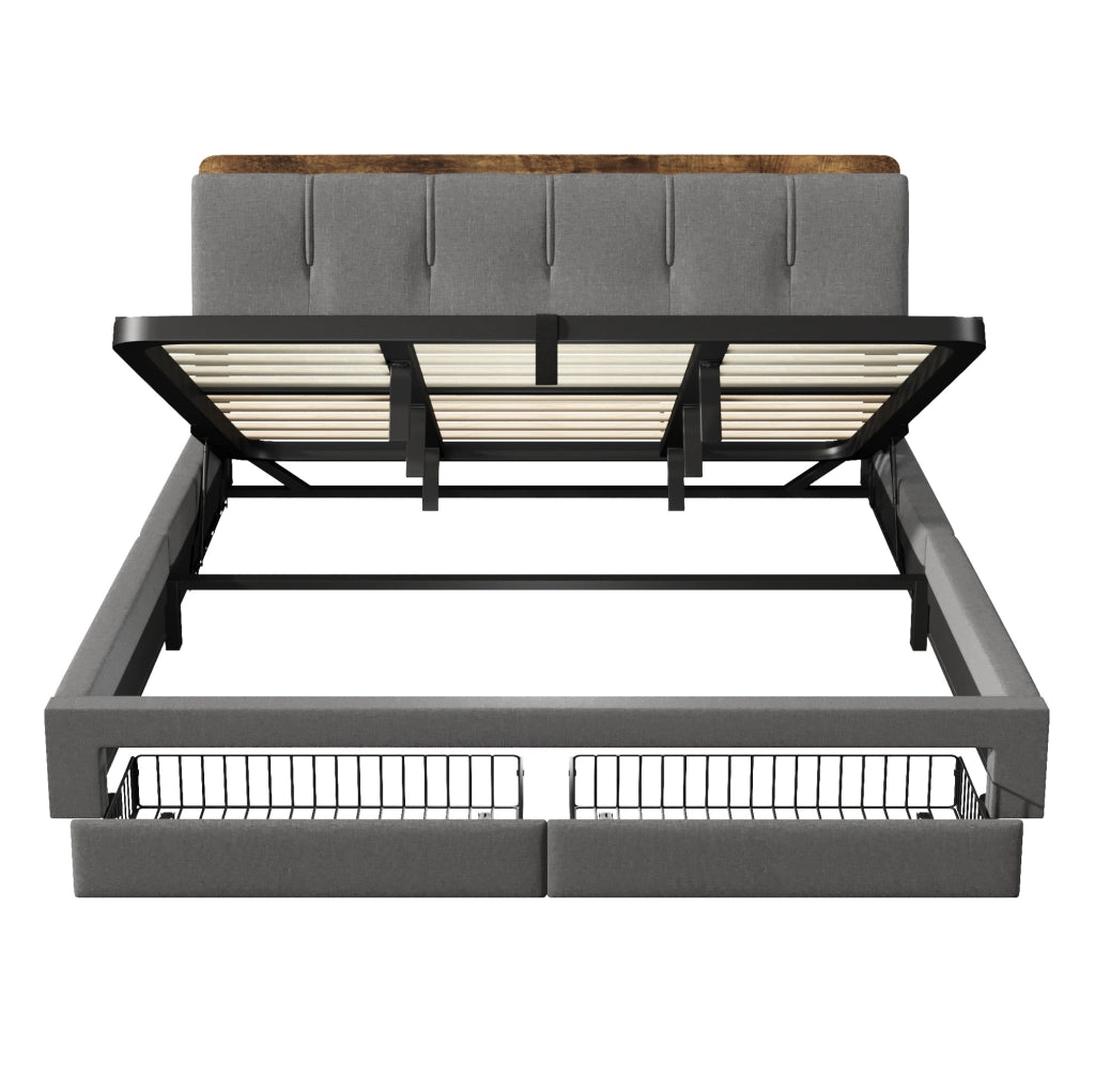 Letto matrimoniale imbottito 180x200 cm in lino grigio con contenitore; USB e LED