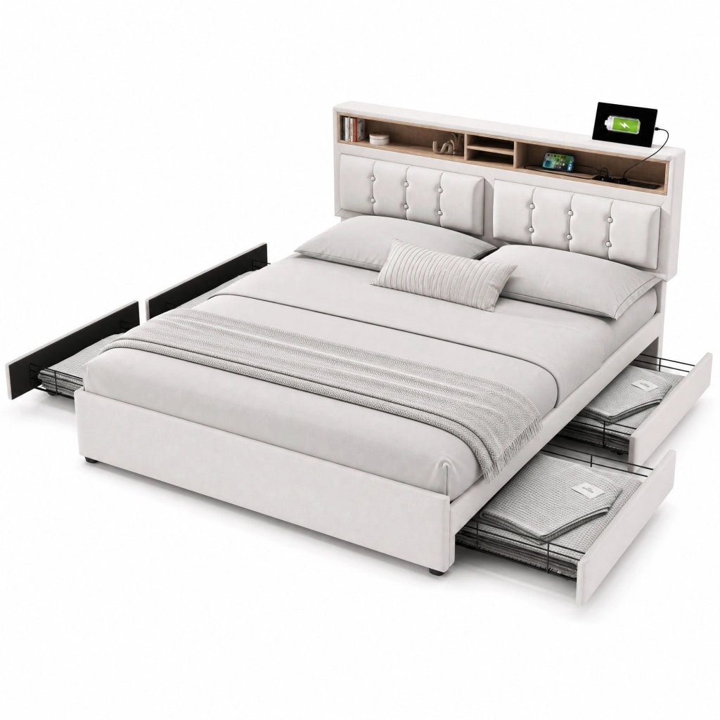Letto matrimoniale imbottito 160x200 cm in lino beige con 4 cassetti; testiera regolabile e prese USB