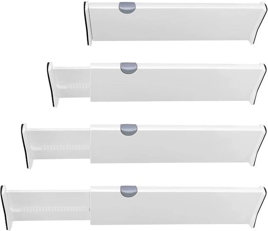 Set di 4 divisori di cassetti regolabili da 38-54 cm, 10 cm di altezza, sistema di organizzazione di cassetti per cassetti, armadi, comodini, pannelli.