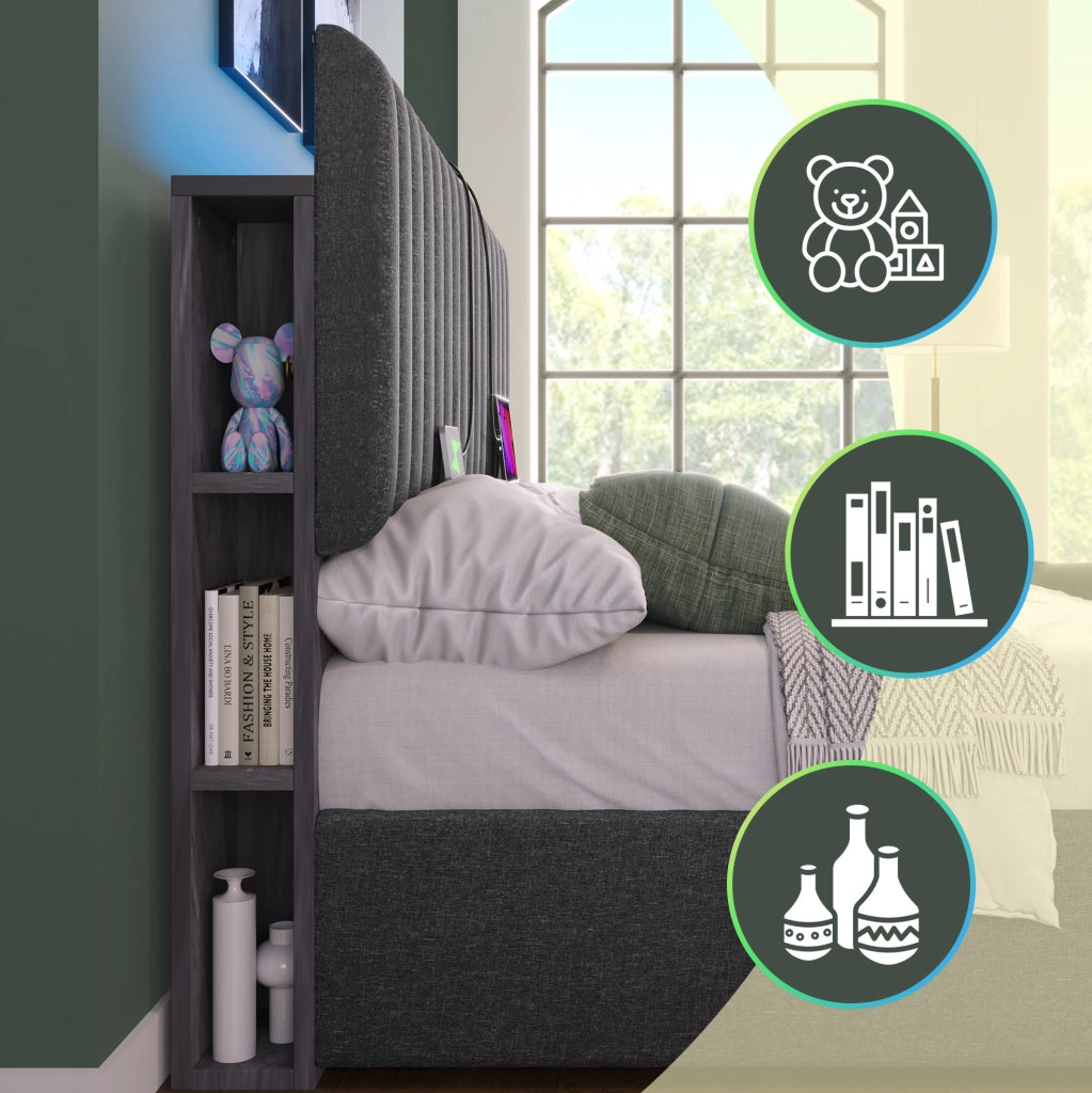 Letto matrimoniale 140x200 con LED, USB-C e vano contenitore