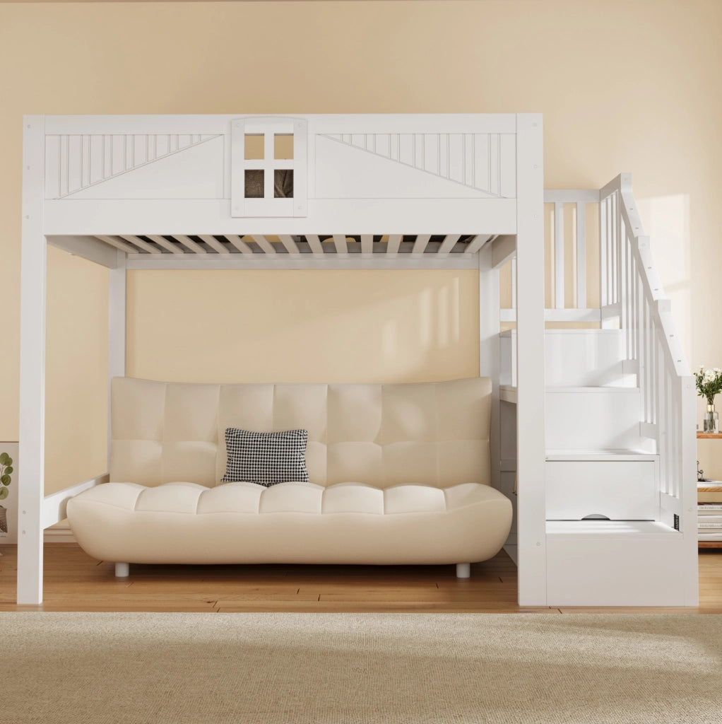 Letto a soppalco 140x200 cm bianco in legno con scala contenitore reversibile