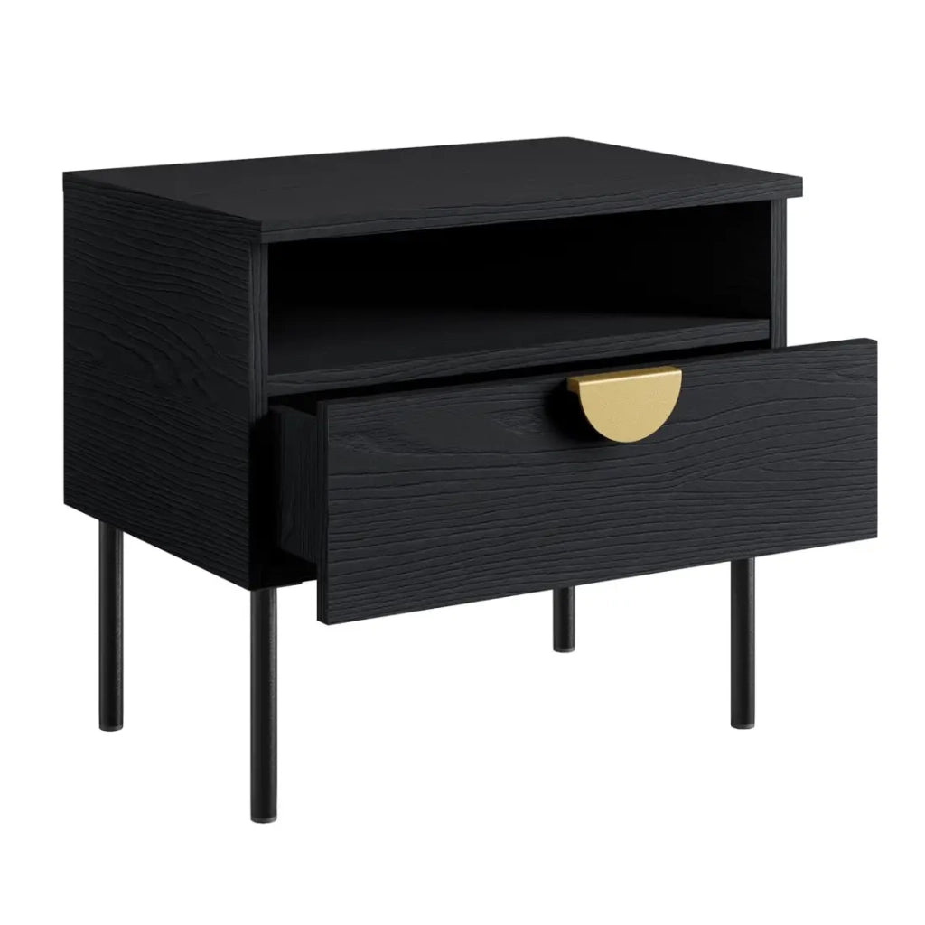 Camera completa MONDO – Nero strutturato e dorato – Letto contenitore 160x200 con doghe + Armadio + Cassettiera + 2 comodini