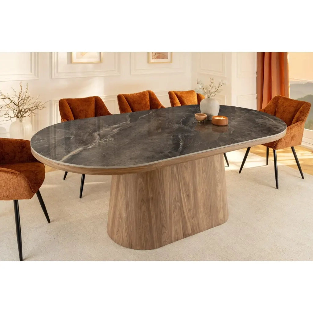 Tavolo da pranzo LUMEA – Ovale 200 cm – Effetto marmo grigio – Piede largo – Stile contemporaneo