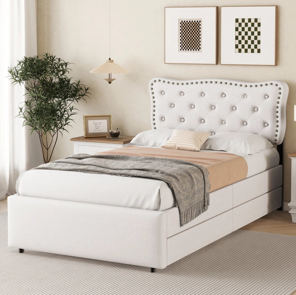 Letto imbottito 90x200 cm con cassetti; bottoni decorativi; MDF; beige chiaro