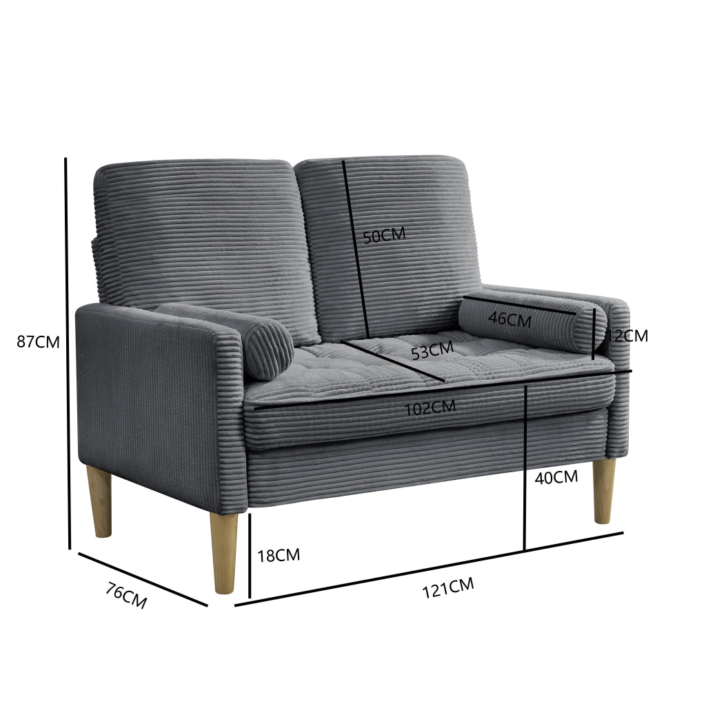 Divano a 2 posti in velluto a coste con cuscini imbottiti, stile scandinavo, gambe in legno grigio 107 × 71 × 20 cm